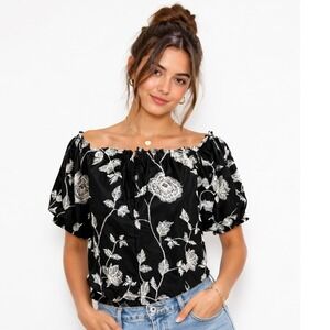 Who What Wear Black Embroidered Off-Shoulder Blouse Size N Floral Top